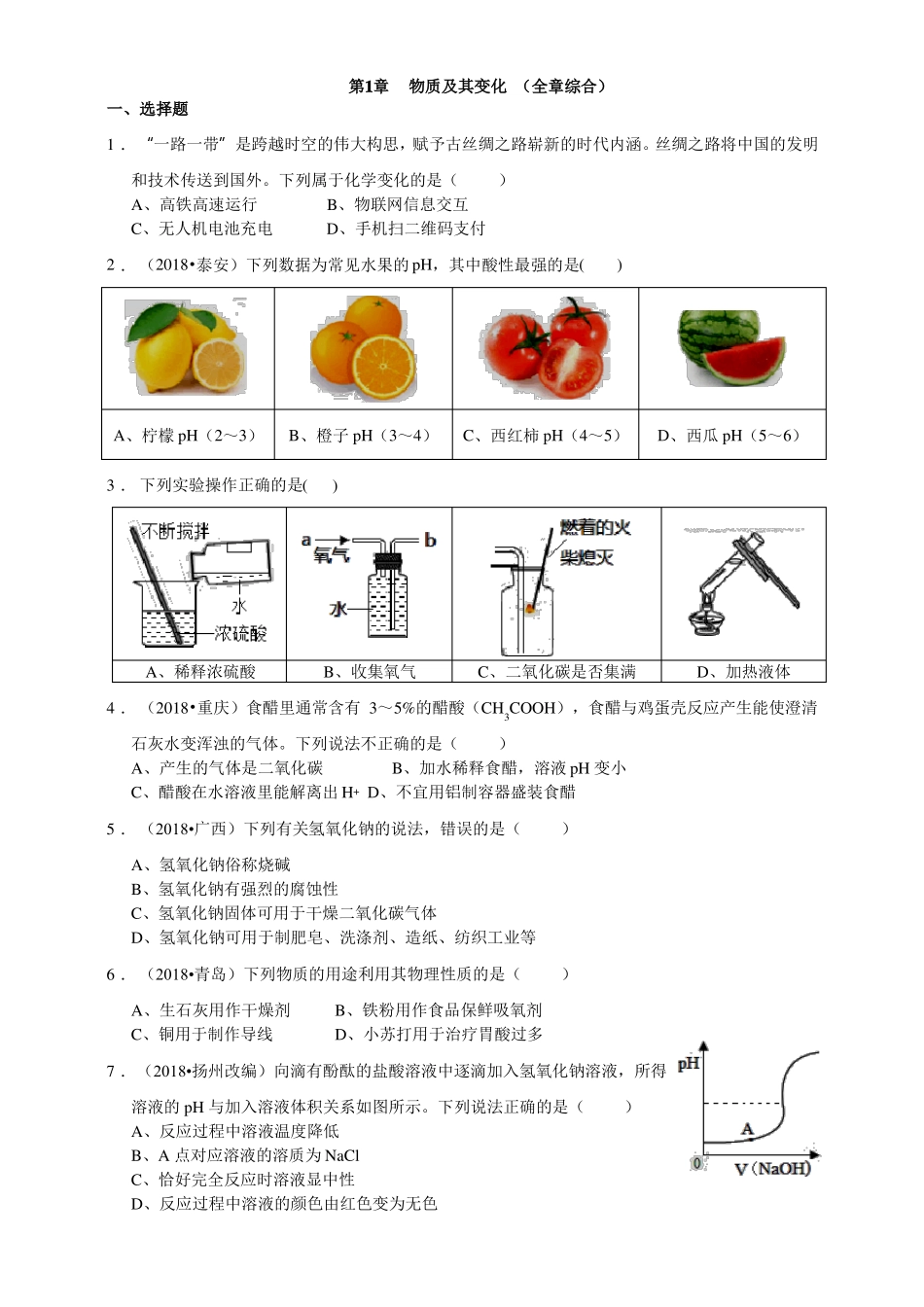 2018浙教版科学九上针对性习题精练-物质及其变化全章综合_第1页
