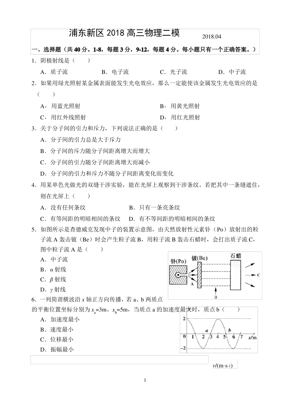 2018浦东高三物理二模_第1页