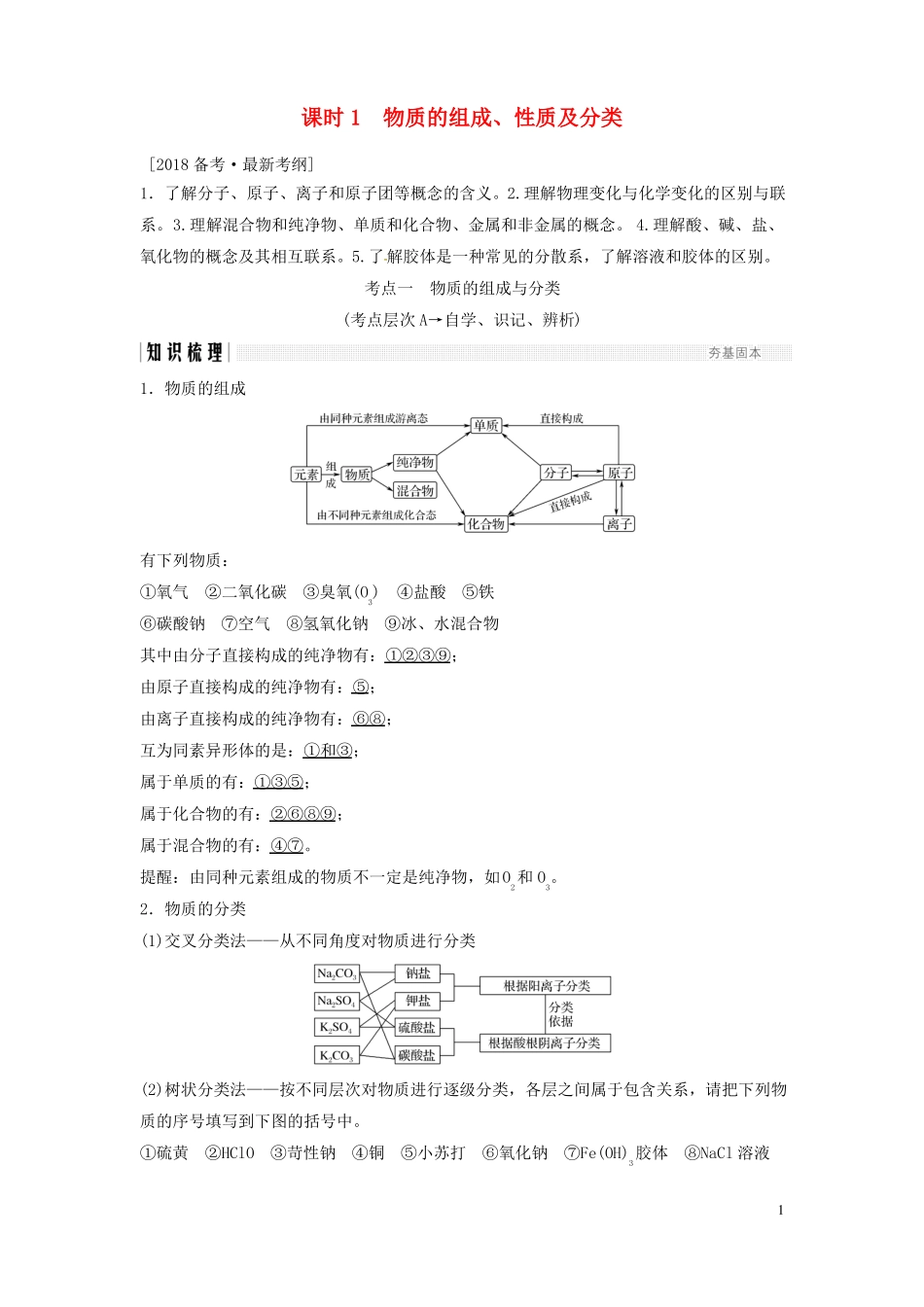 2018版高考化学总复习专题一物质的组成性质及分类教学案_第1页