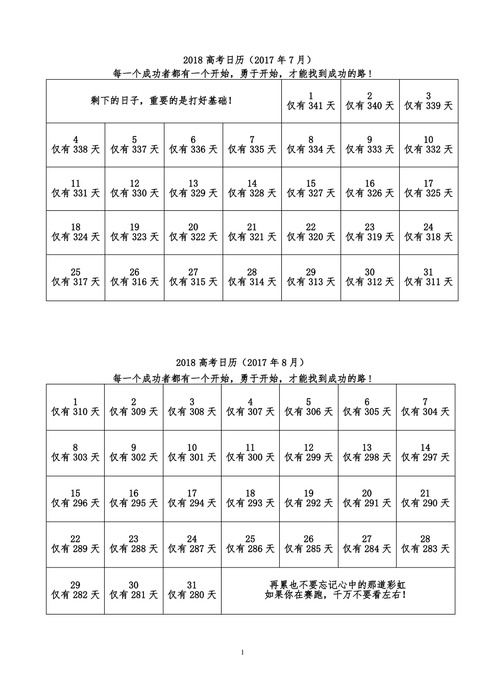 2018高考倒计时日历重新排版、A4纵向、一两个月、方便打印_第1页