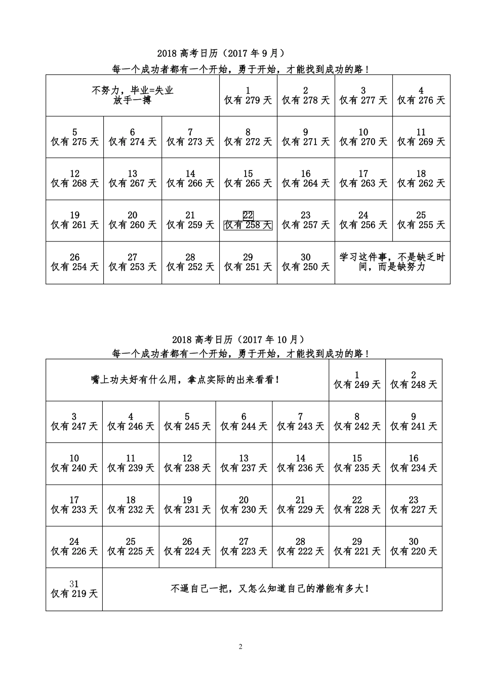 2018高考倒计时日历重新排版、A4纵向、一两个月、方便打印_第2页