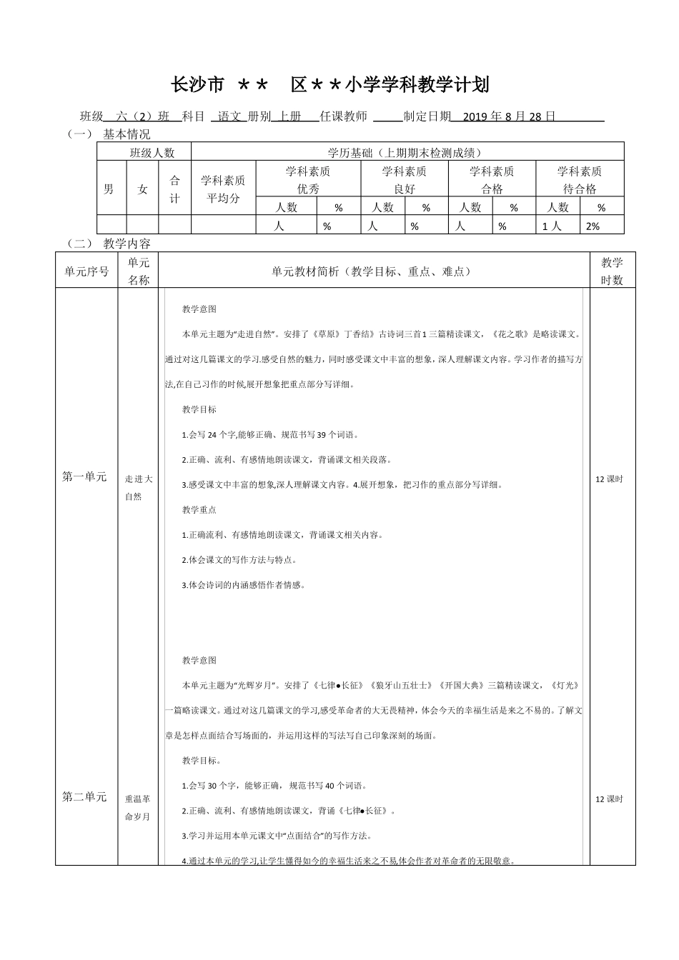 2019下部编版六年级上期语文教学计划_第1页