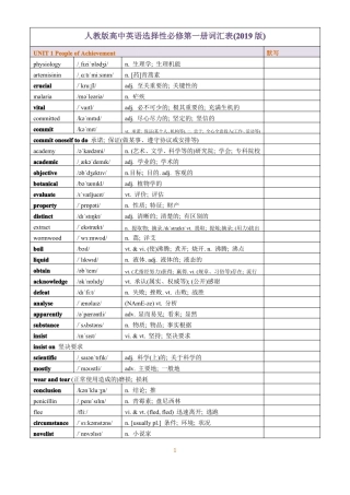 2019人教版高中英语选择性必修一单词表