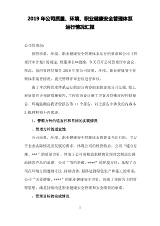 2019公司管理体系运行情况汇报