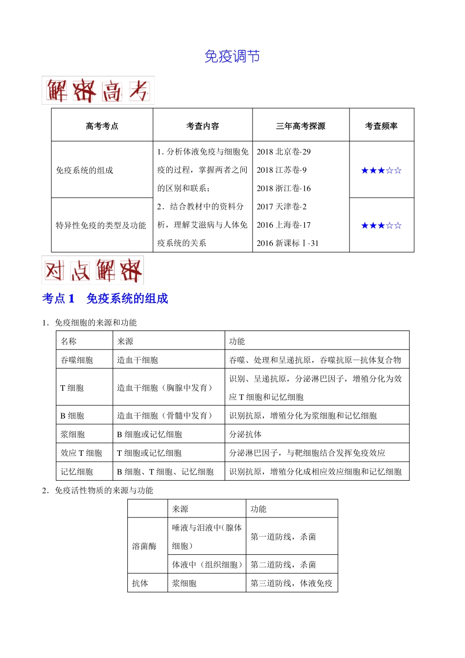2019届二轮复习免疫调节教案全国通用_第1页