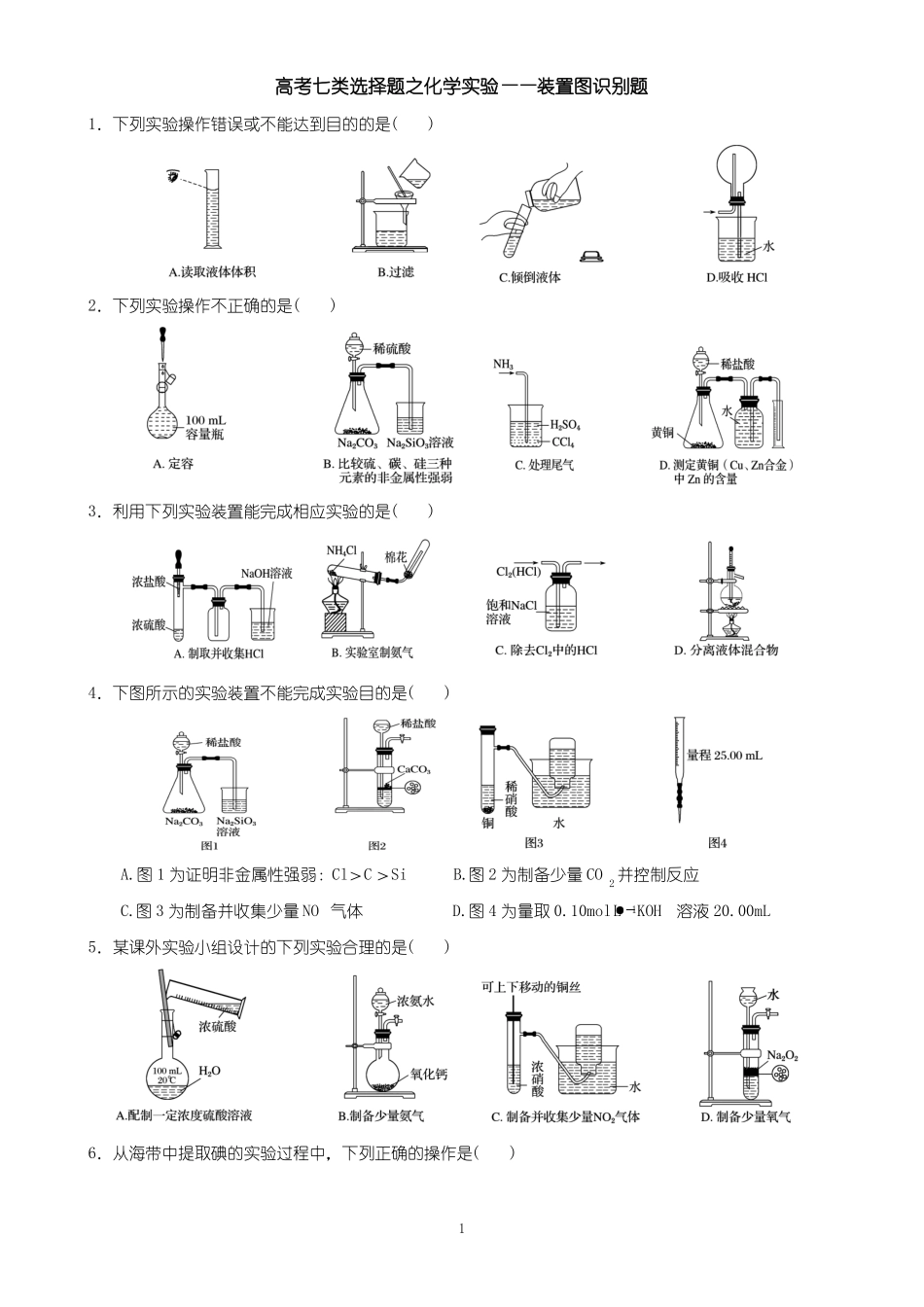 2019届高考七类选择题之化学试验——装置图识别题_第1页
