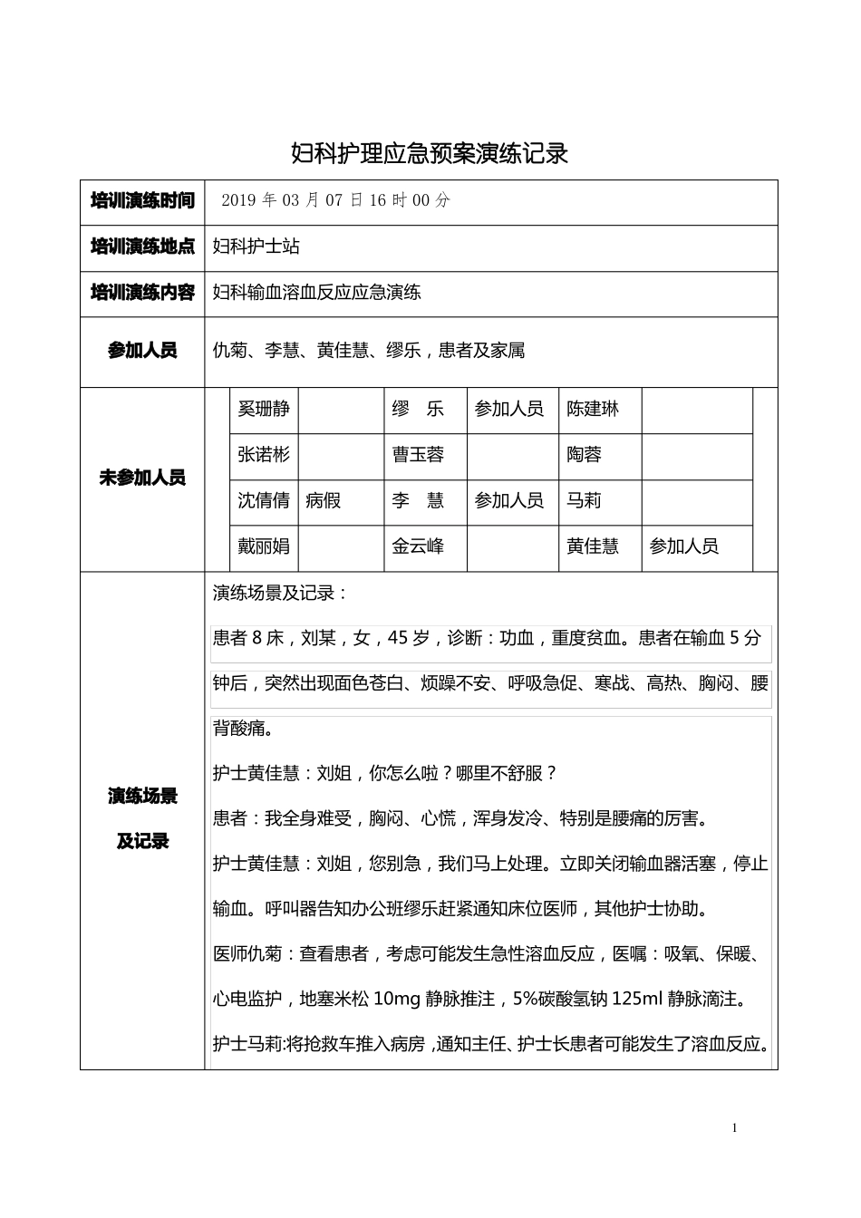 2019年03月应急演练-输血溶血反应演练_第1页