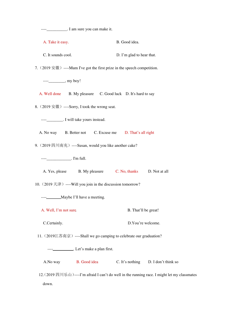2019年全国各地中考英语试题单项选择---情景反应、文化常识考题_第2页