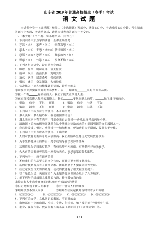2019年山东春季高考语文试题及答案,推荐文档