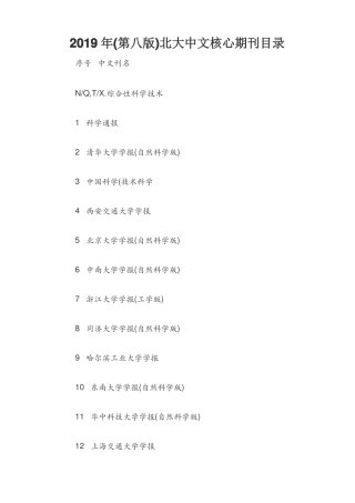 2019年第八版北大中文核心期刊目录