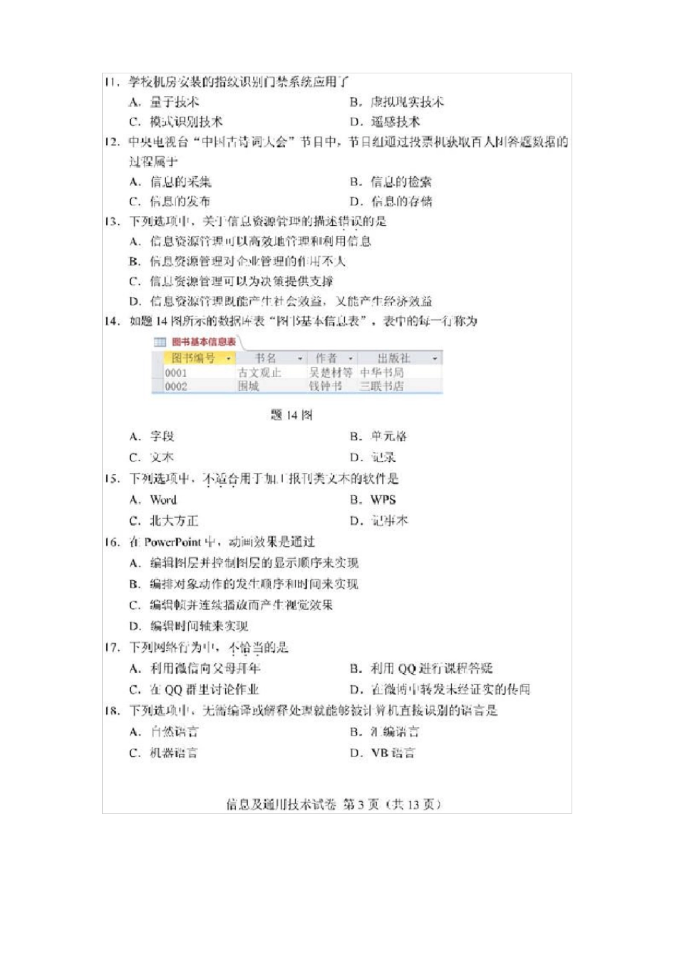 2019年重庆高等职业分类考试信息技术及通用技术试卷_第3页
