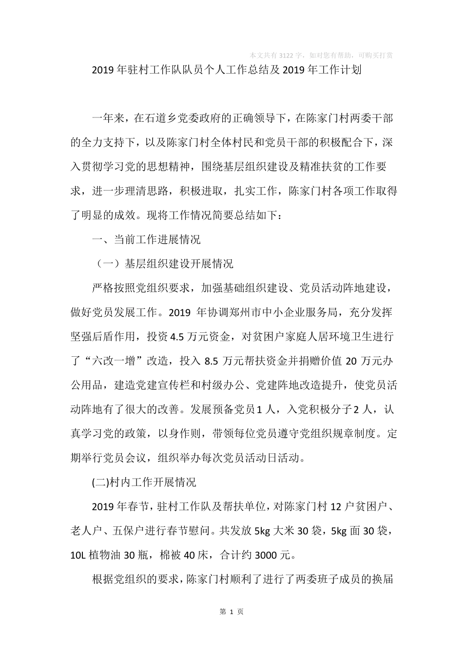 2019年驻村工作队队员个人工作总结及2019年工作计划_第1页