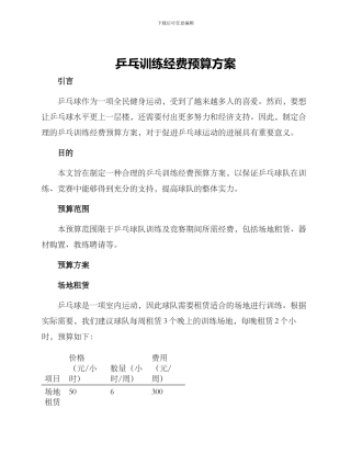 乒乓训练经费预算方案