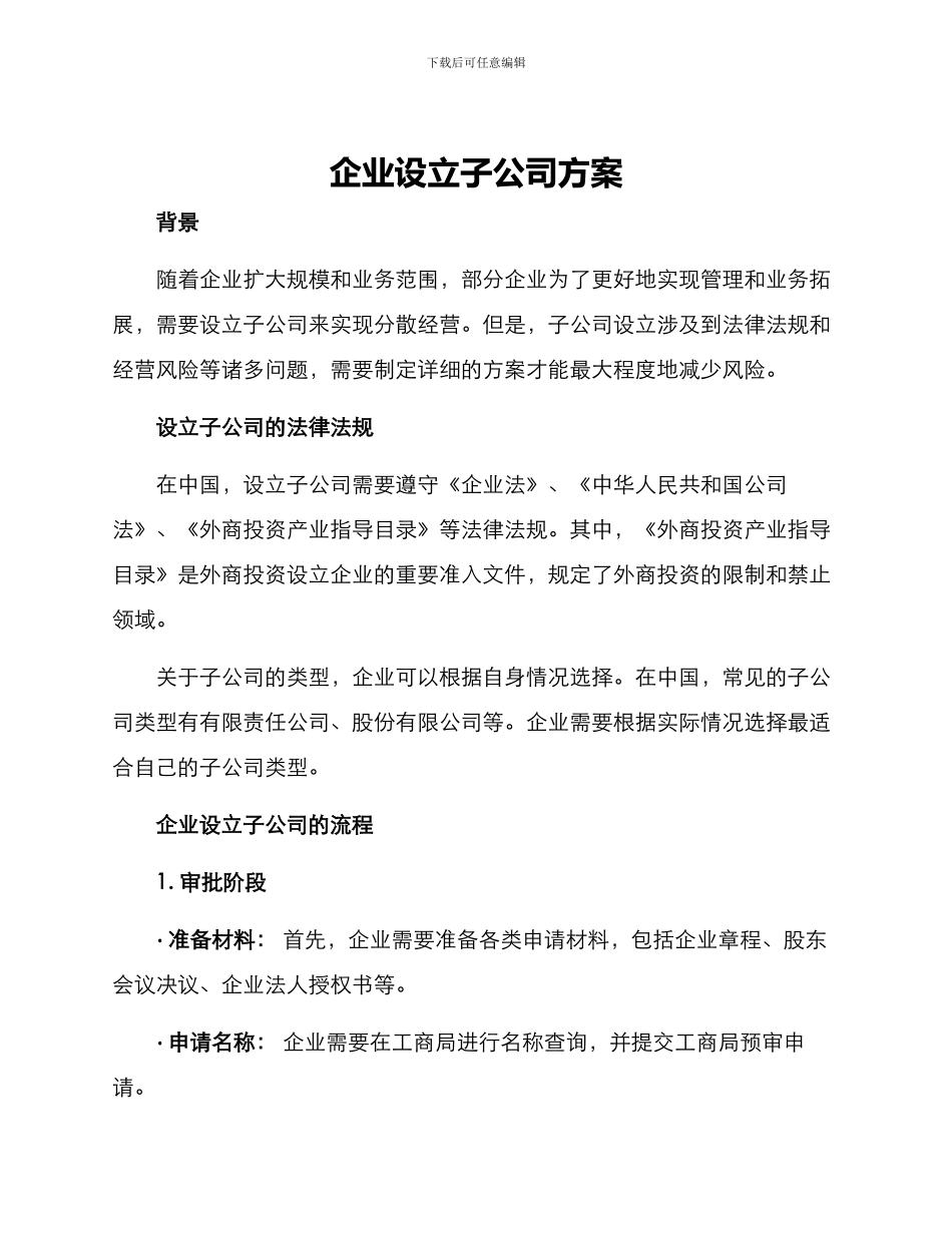 企业设立子公司方案_第1页