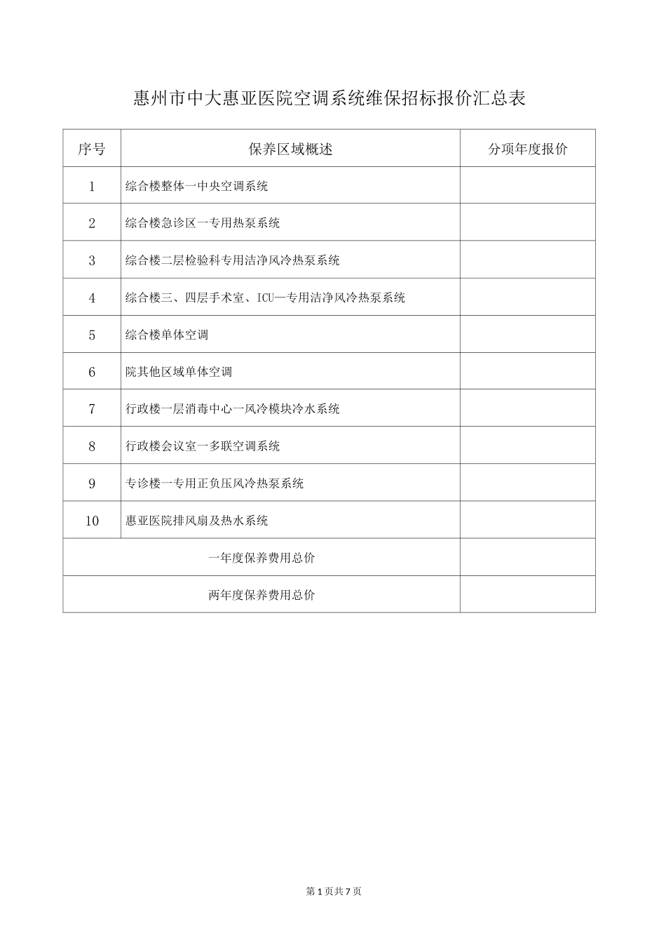 空调年度维保报价清单.doc-中大惠亚医院_第1页
