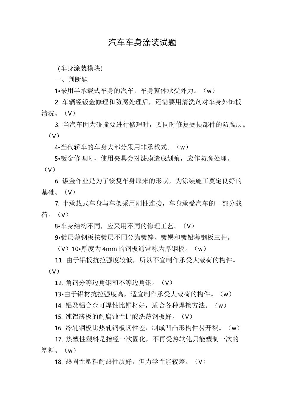 汽车车身涂装试题_第1页