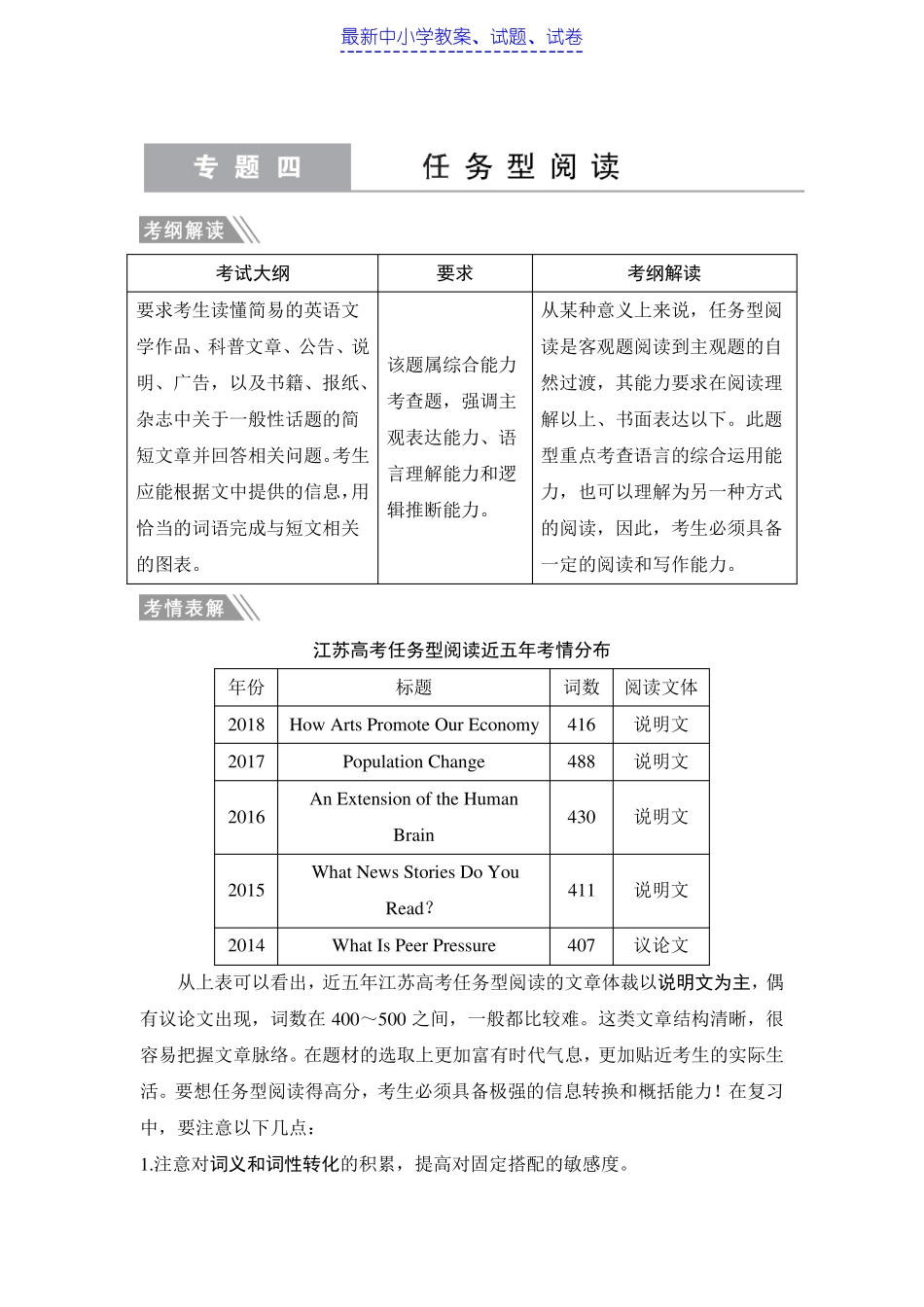 2019年高考英语二轮专题训练：专题四任务型阅读含答案_第1页