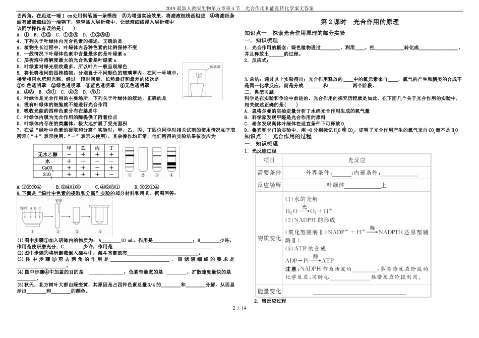 2019最新人教版生物第4节光合作用和能量转化学案无答案_第2页