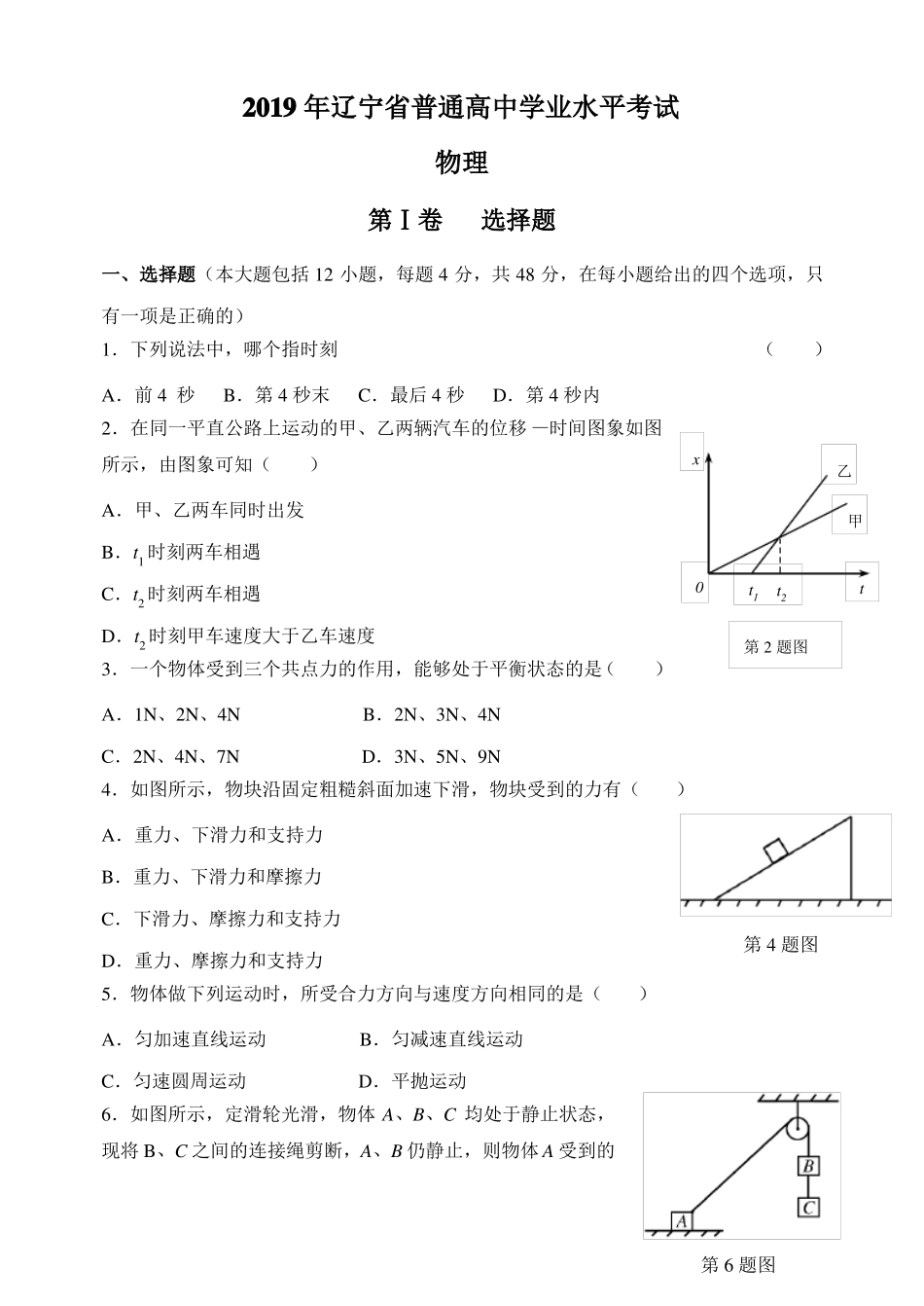 2019辽宁学业水平测试真题物理精品教育_第1页