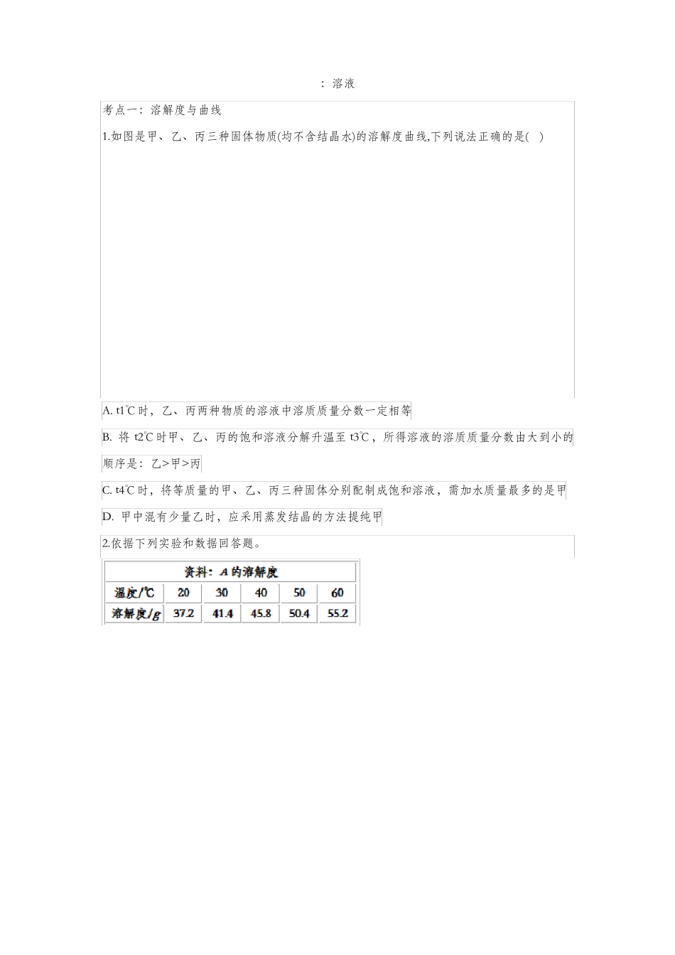 2020届中考化学考点提高练习卷：溶液_第1页