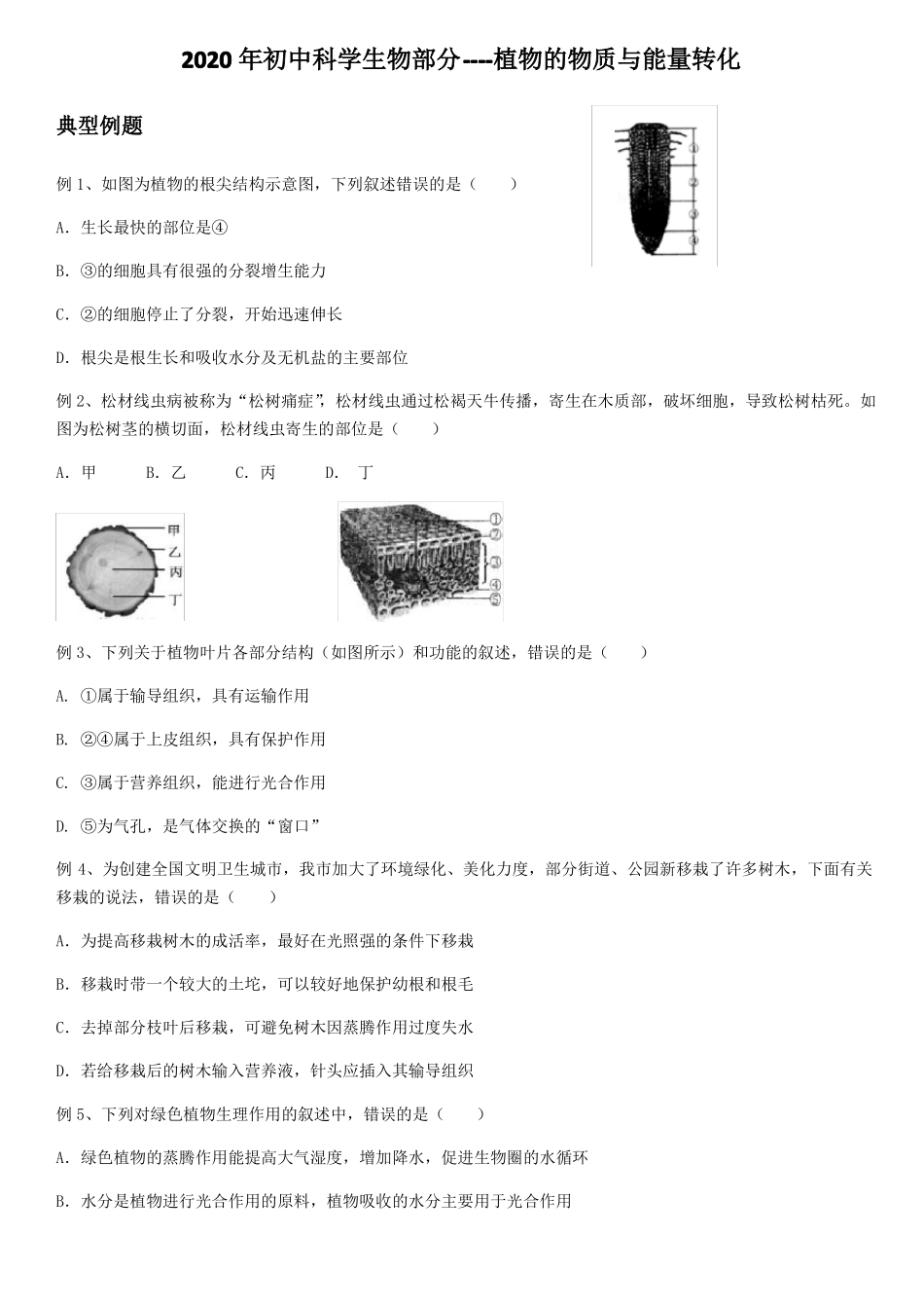 2020年初中科学生物部分----植物的物质和能量转化含答案_第1页