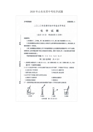 2020年山东东营中考化学试题含答案