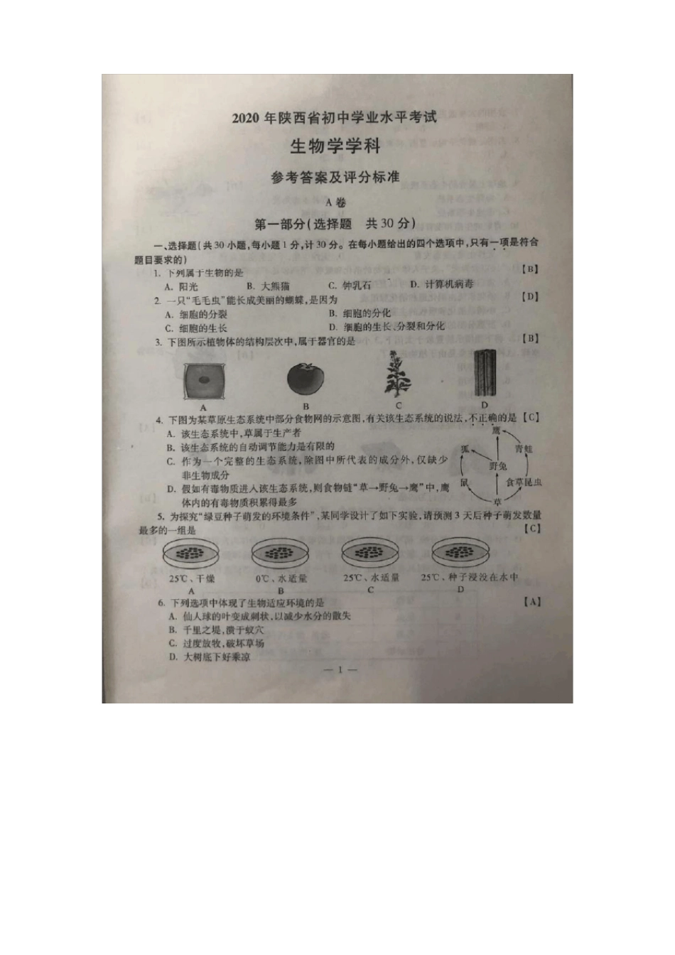 2020年陕西中考生物试题_第1页