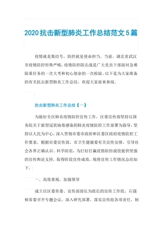 2020抗击新型肺炎工作总结范文5篇