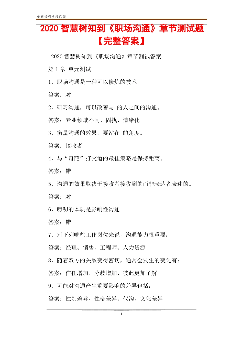 2020智慧树知到职场沟通章节测试题【完整答案】_第1页
