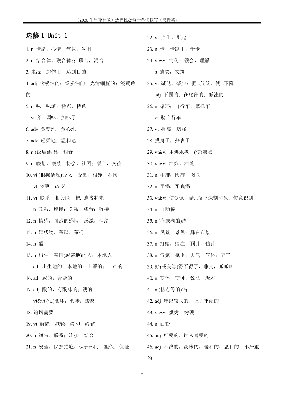 2020牛津译林版高一英语选择性必修一单词表默写汉译英_第1页