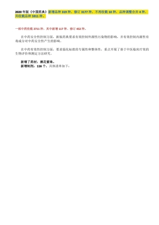 2020版药典新增及变化全汇总