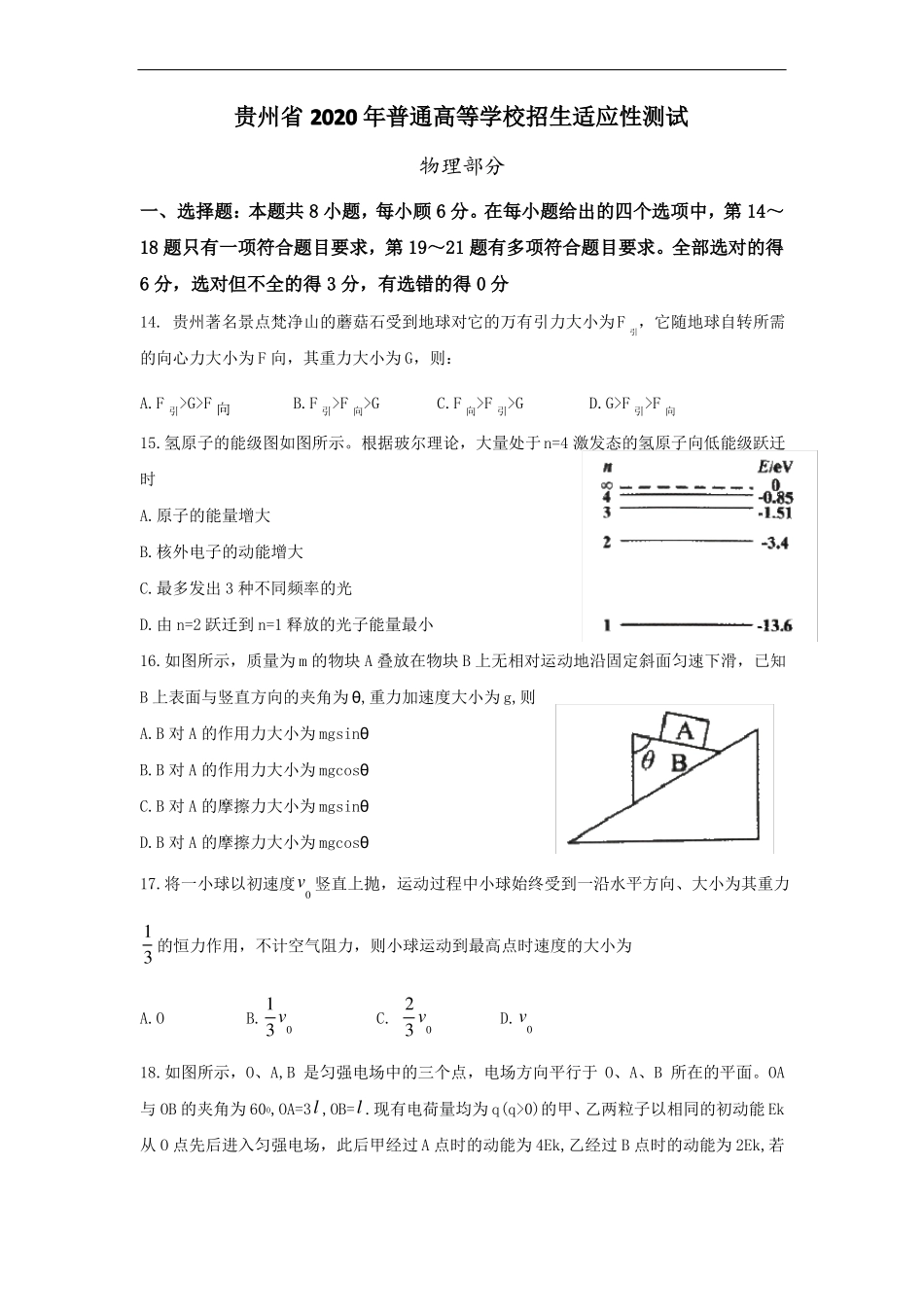 2020贵州适应性考试物理试题_第1页