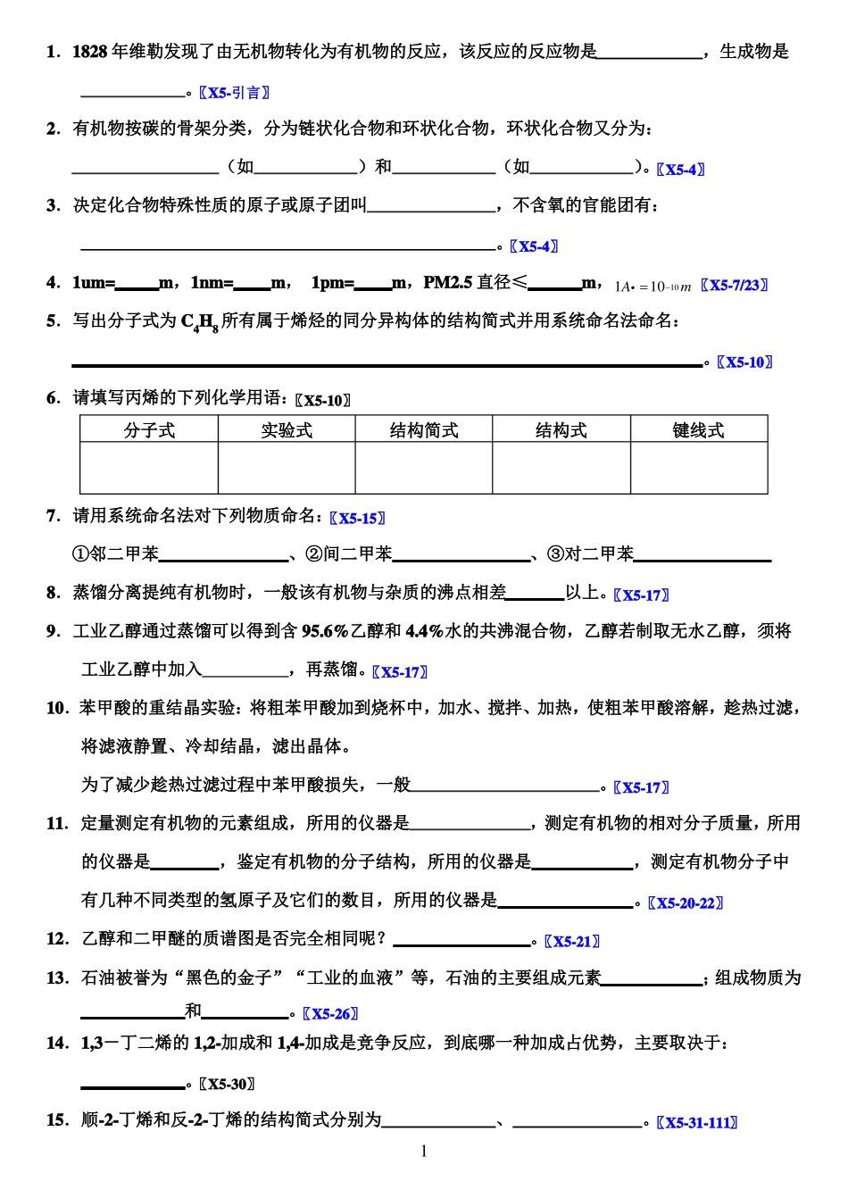 2020高中化学选修五有机化学基础书本知识归纳总结填空题附答案_第1页