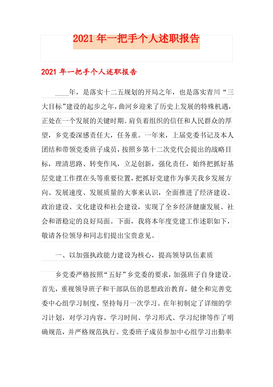 2021年一把手个人述职报告_第1页