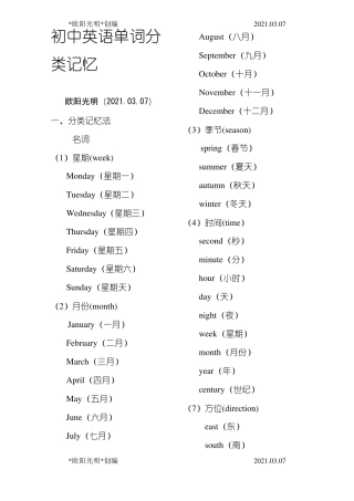 2021年初中英语单词分类大全打印版