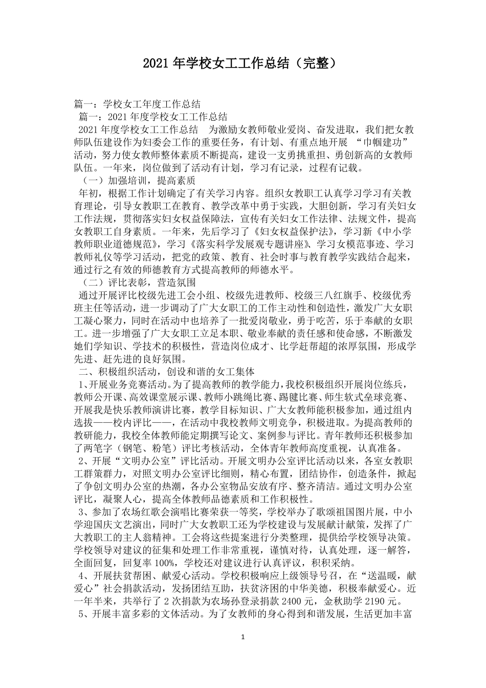 2021年学校女工工作总结完整_第1页