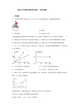 2022年中考物理专题训练及详解：运动和能量