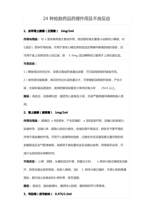 24种抢救药品药理作用及不良反应