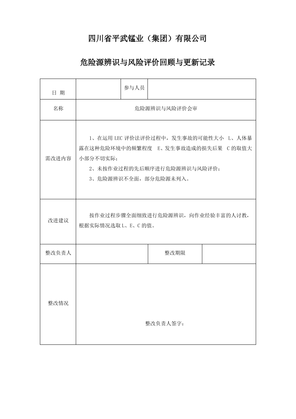 4、危险源辨识与风险评价回顾与更新记录_第1页