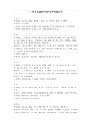 81种常见蔬菜水果的营养成分列表