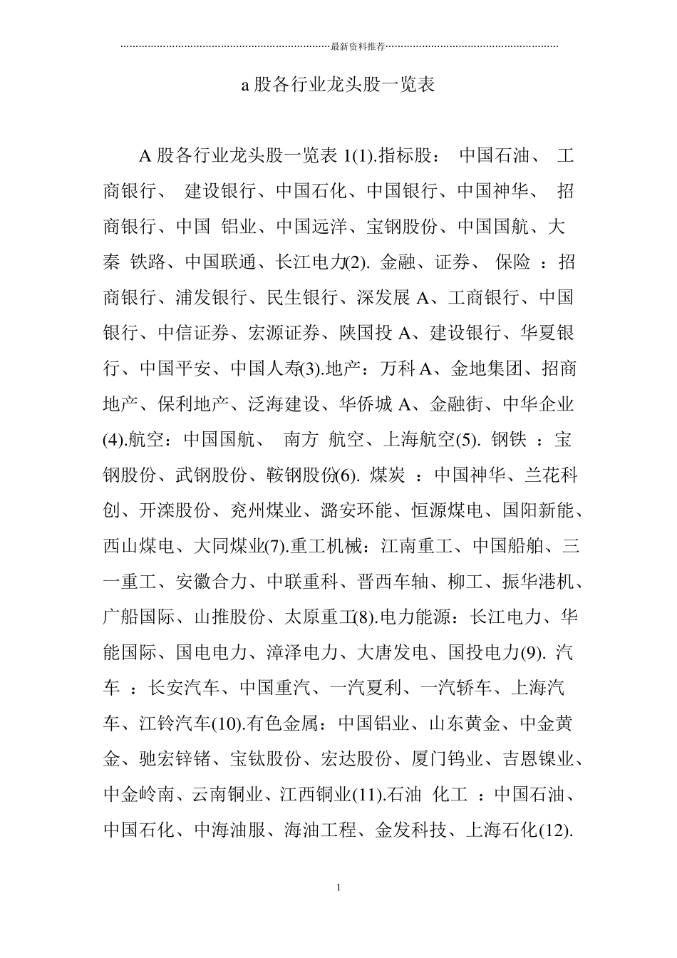 a股各行业龙头股一览表精编版_第1页