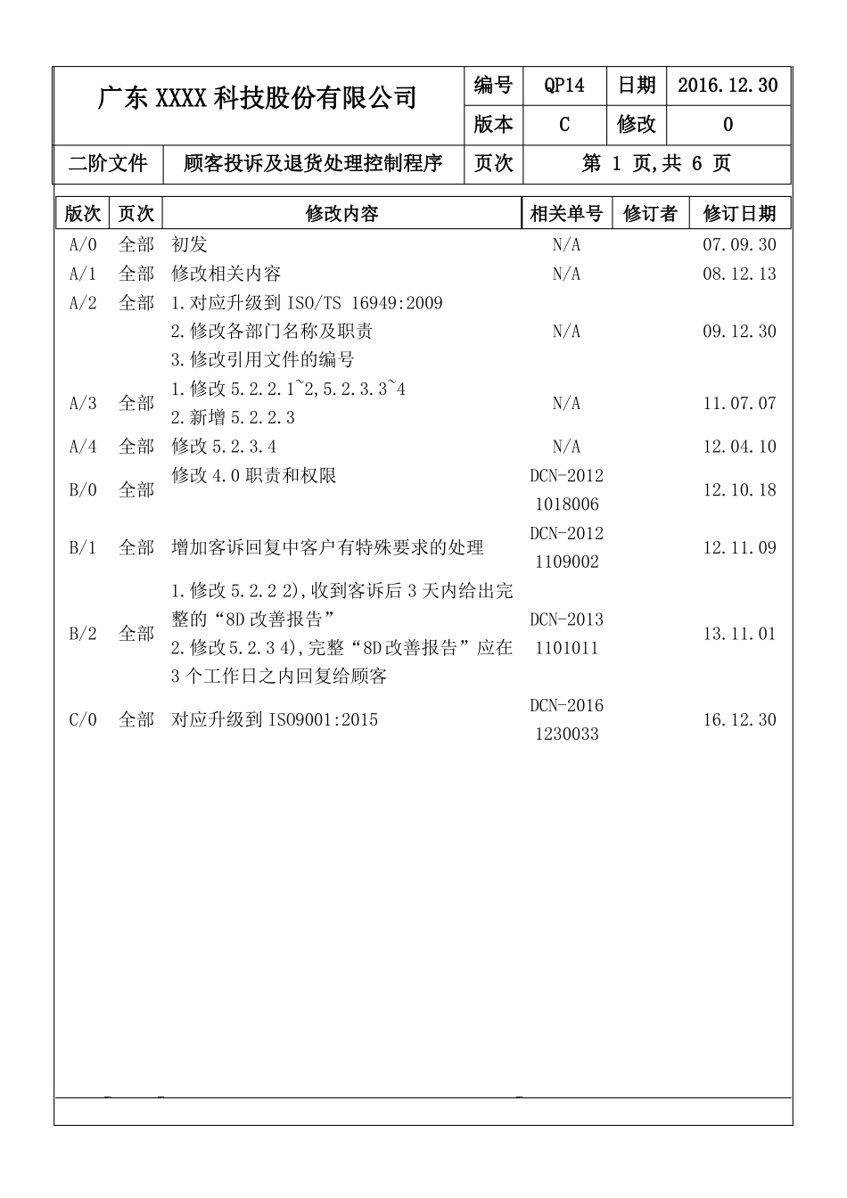 ISO9001：2015顾客投诉及退货处理控制程序C0201130_第2页