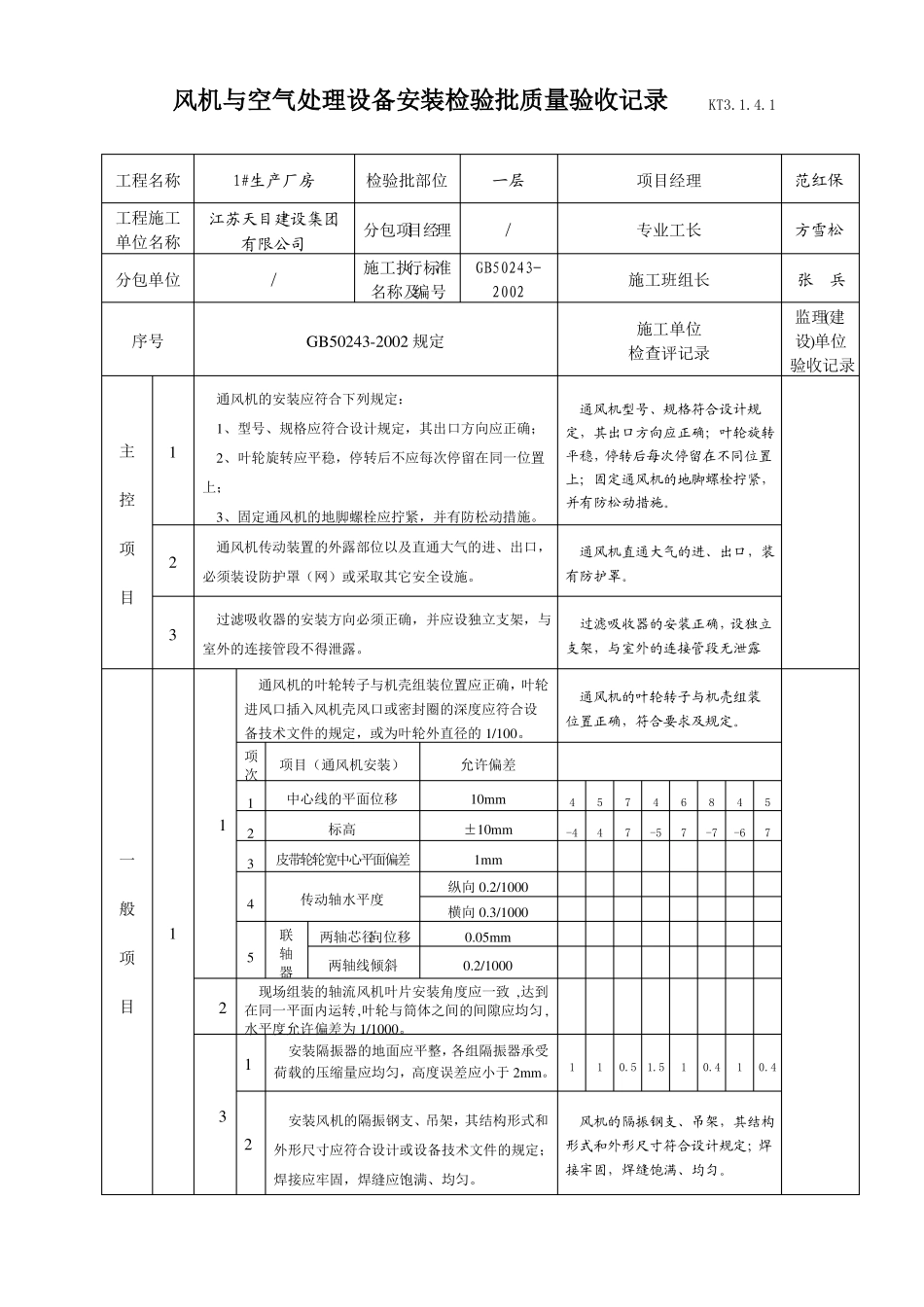 KT1风机与空气处理设备安装检验批质量验收记录_第1页