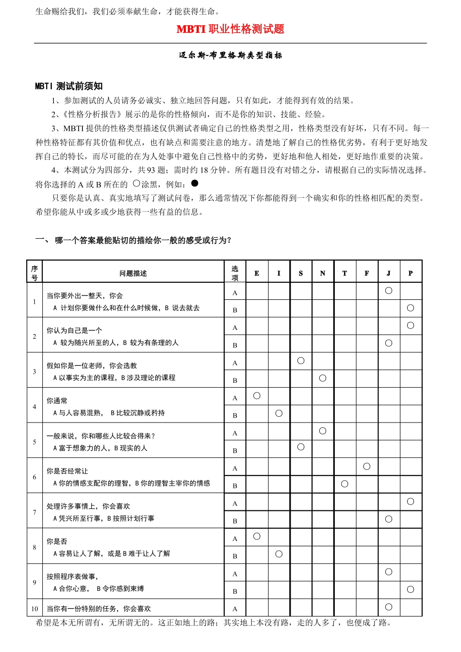 MBTI职业性格测试最佳全_第1页