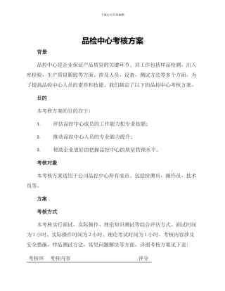品检中心考核方案