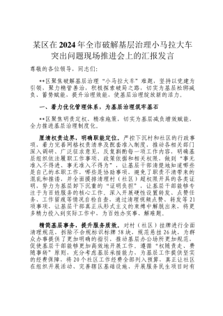 某区在2024年全市破解基层治理小马拉大车突出问题现场推进会上的汇报发言