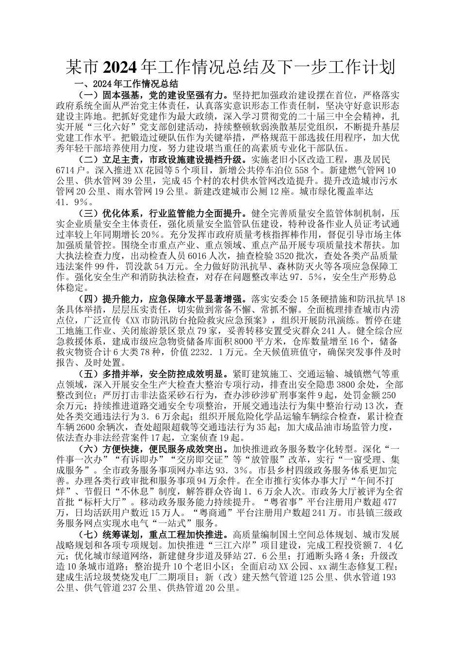 某市2024年工作情况总结及下一步工作计划_第1页
