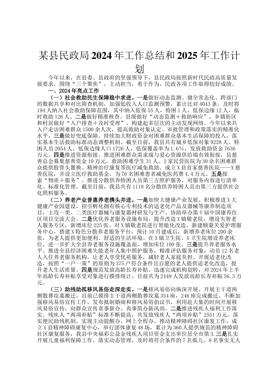 某县民政局2024年工作总结和2025年工作计划_第1页