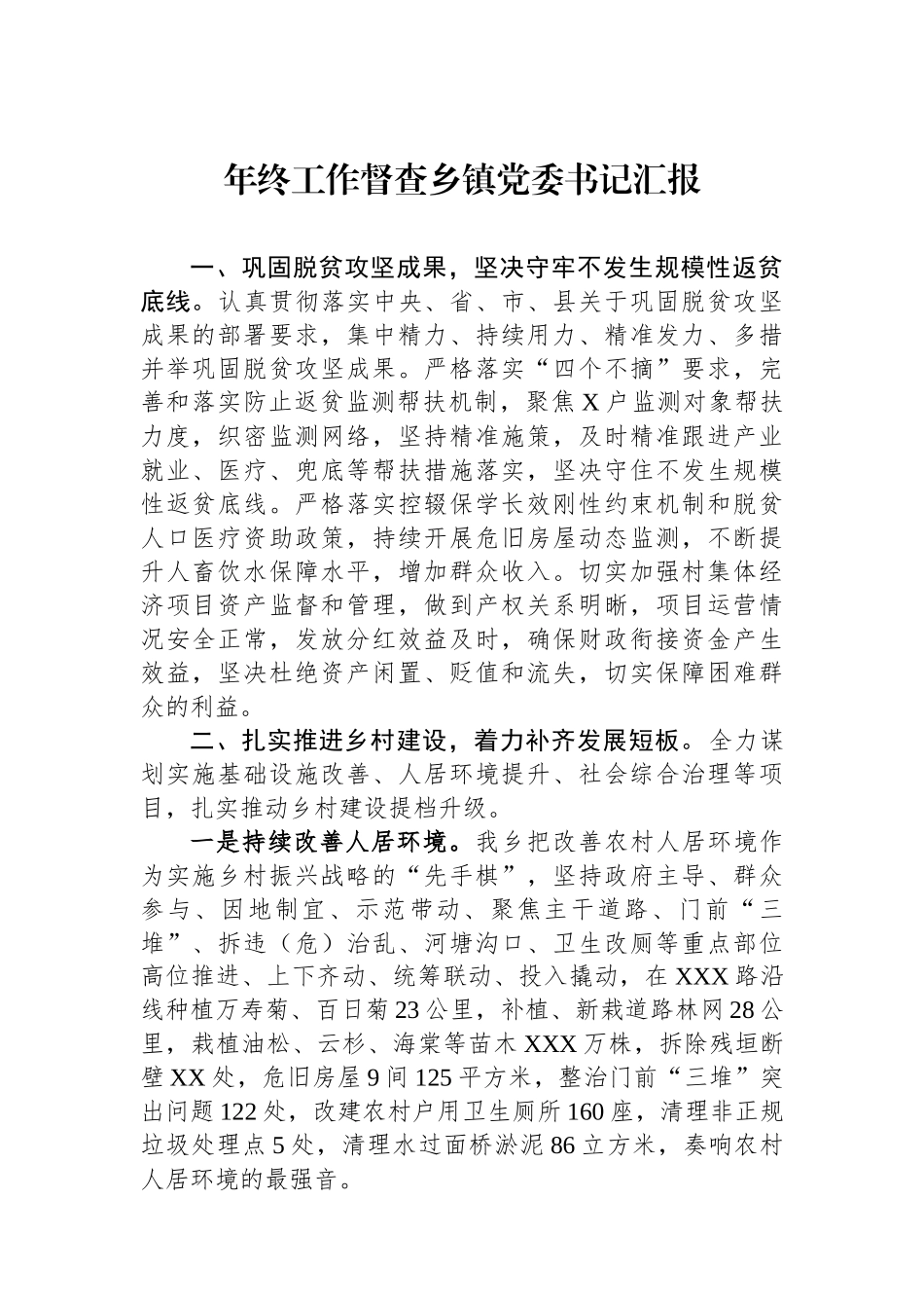 年终工作督查乡镇党委书记汇报_第1页