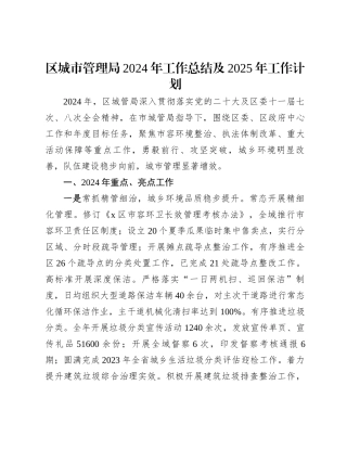 区城市管理局2024年工作总结及2025年工作计划